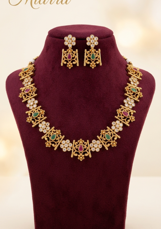 Antique Temple AD Necklace Set with Ruby & Emerald Stones