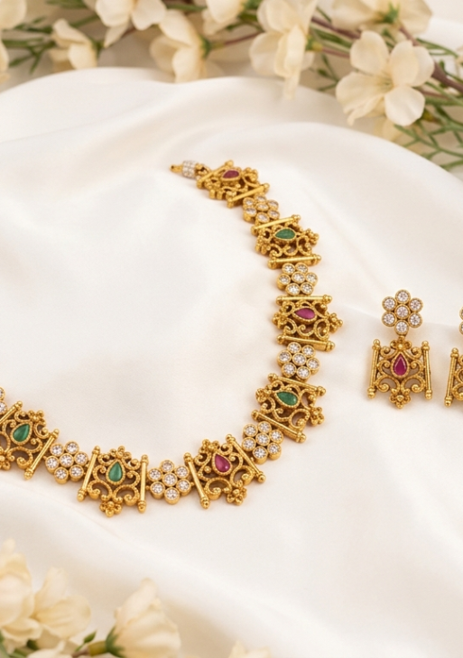 Antique Temple AD Necklace Set with Ruby & Emerald Stones