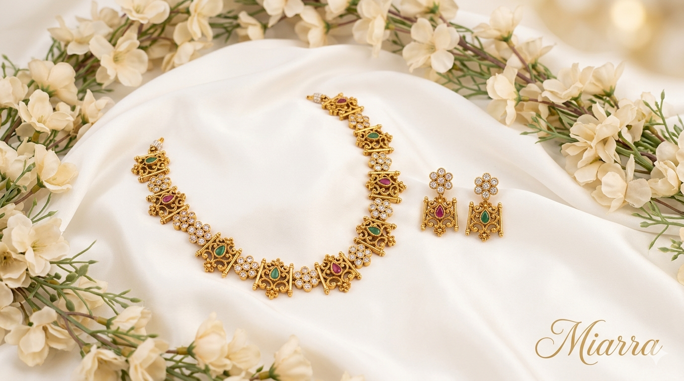 Antique Temple AD Necklace Set with Ruby & Emerald Stones